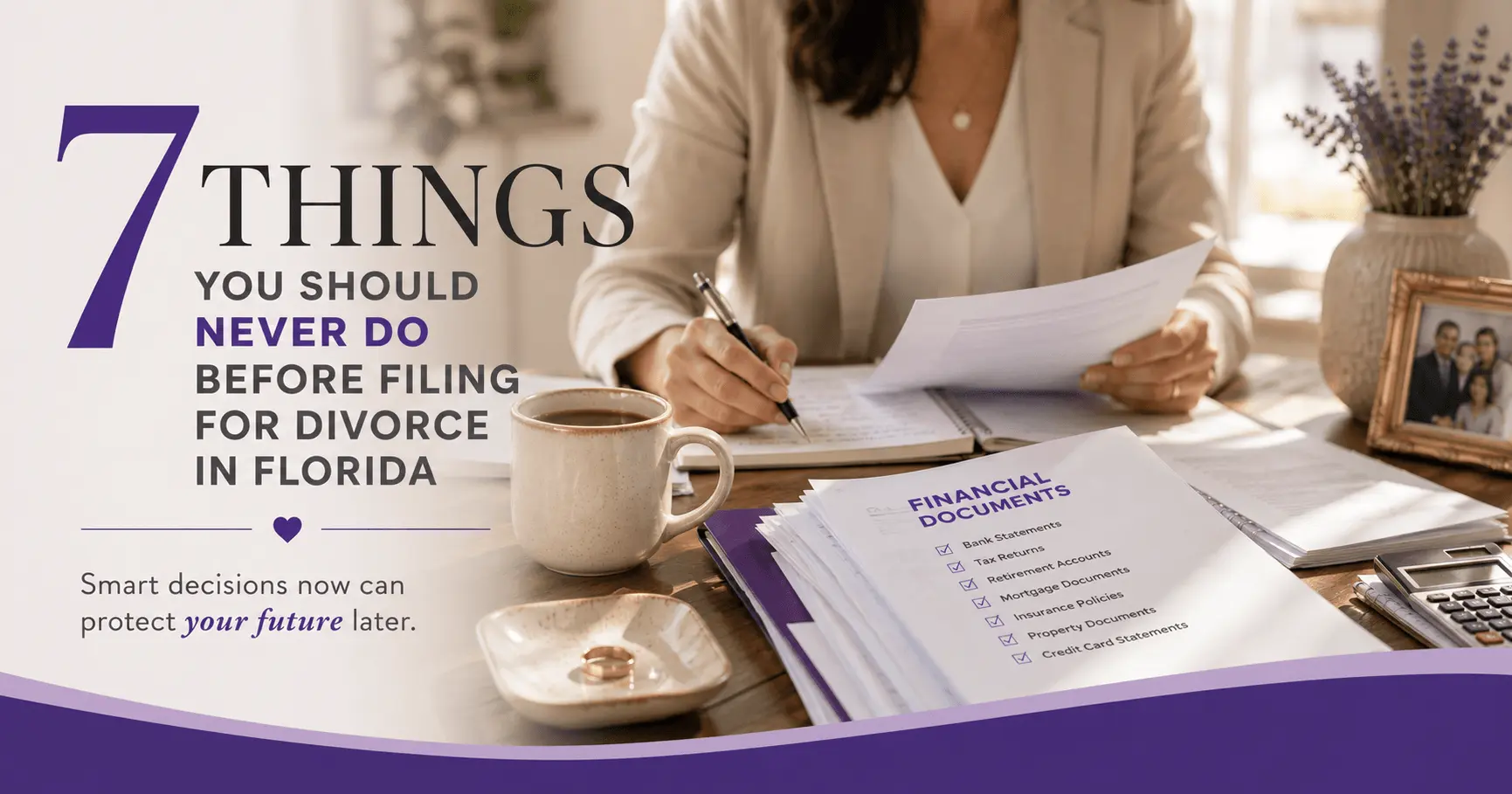 Woman reviewing important financial documents before filing for divorce in Florida.