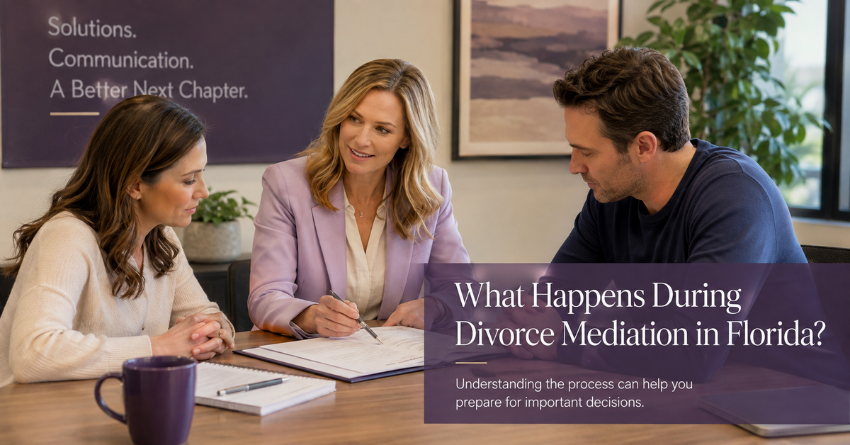 Florida divorce mediation discussion with spouses reviewing documents in a professional meeting setting.