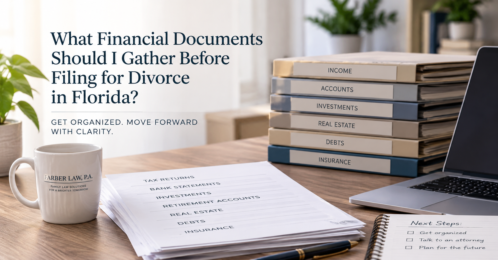 Organized financial documents and records for someone preparing for divorce in Florida.